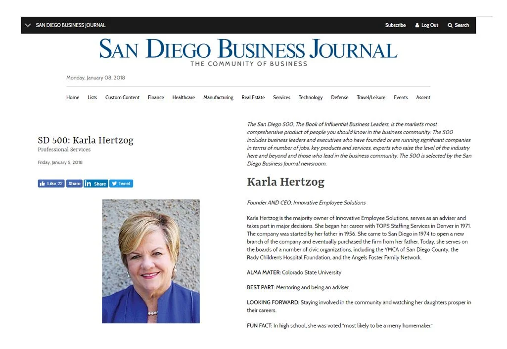 Karla Hertzog makes the list for the SD 500 – The San Diego Business Journal