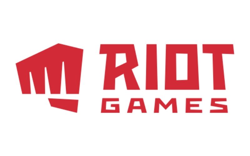 Red and white Riot Games logo with fist bump icon
