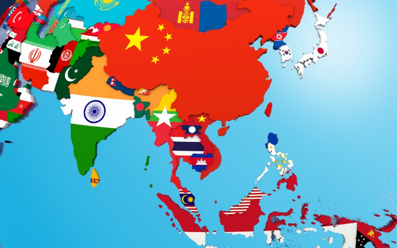 Illustrated close up of a globe focusing on asian pacific countries