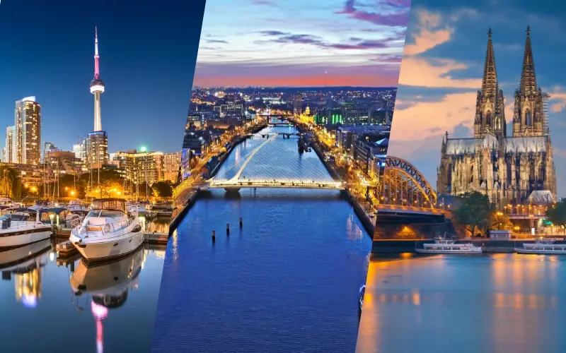 Canada, Ireland, and Germany cityscapes at night