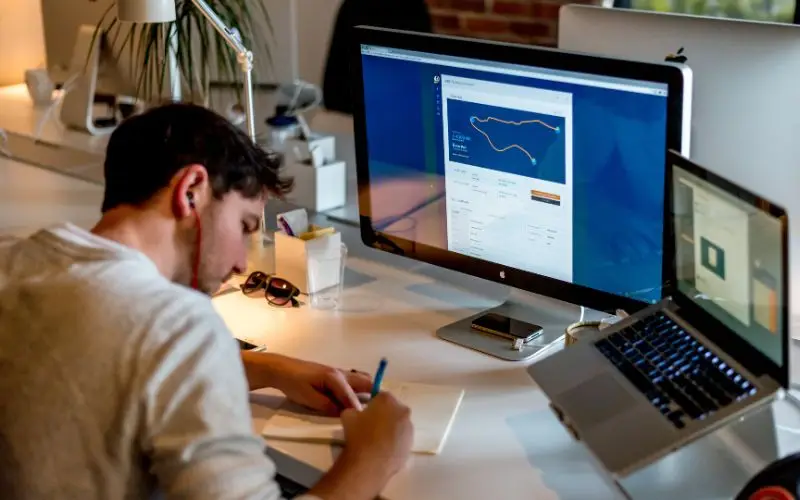 person working at desk with two screens