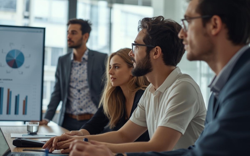 Professionals sitting at a table together reviewing charts and in a conference room setting